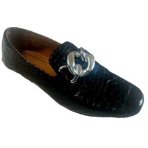 Donald Pliner Bristol Womens 6M Black Patent Leather Croc Silver Chain Loafer